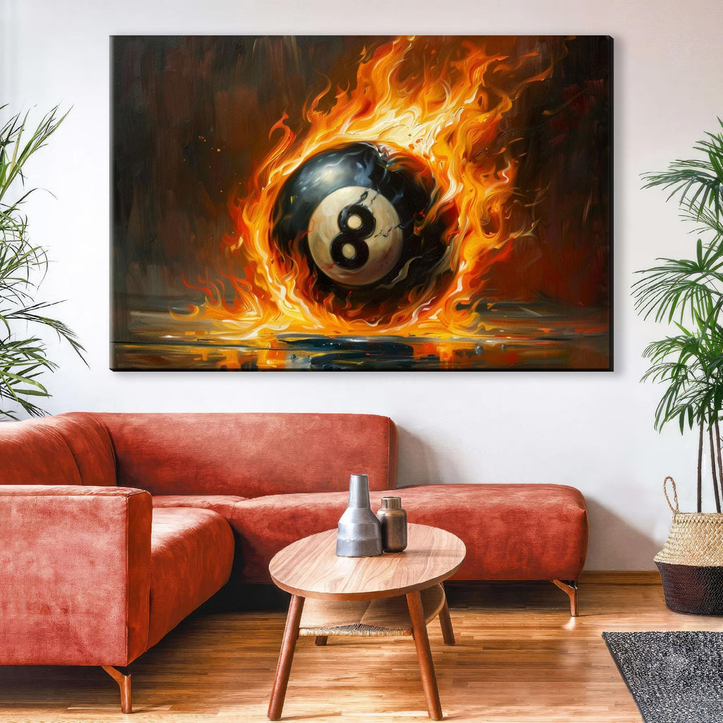 Flaming 8 Ball Wall Art – Extra Large Gallery Wrapped Canvas for Game Room Decor