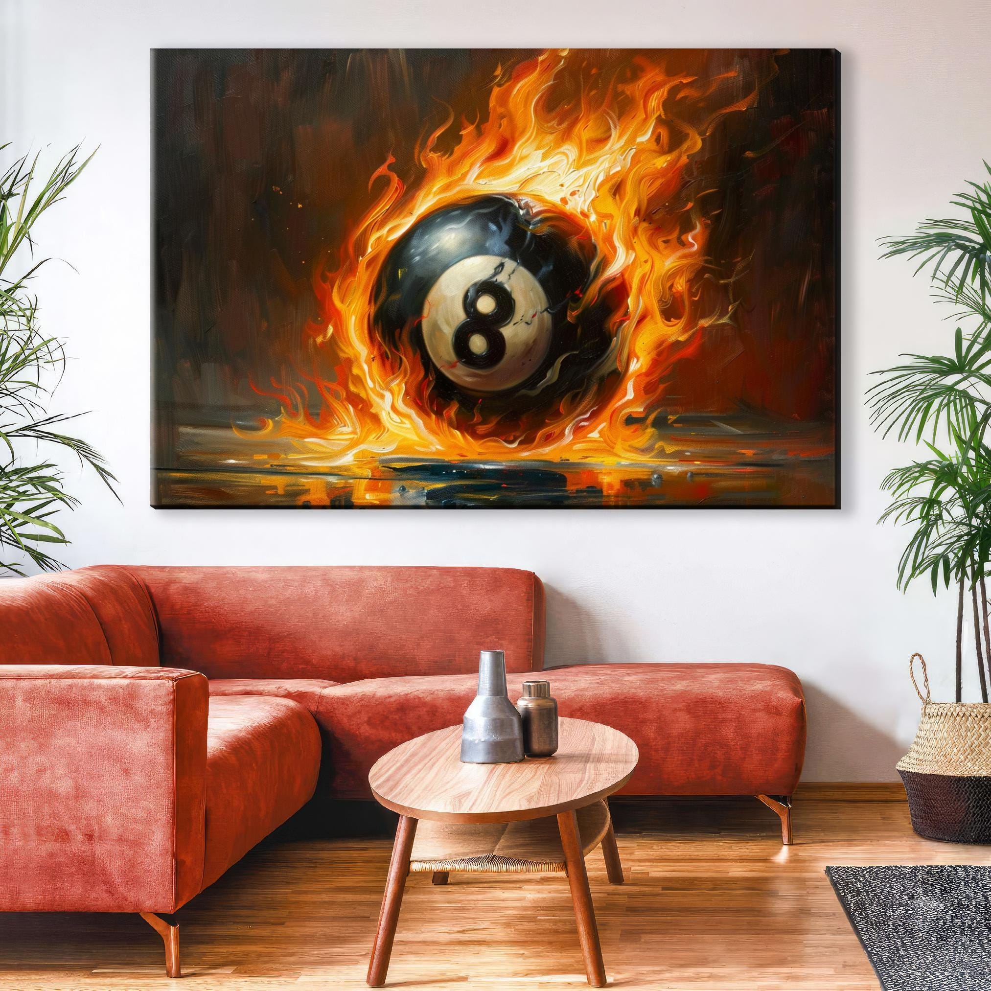 Flaming 8 Ball Wall Art – Extra Large Gallery Wrapped Canvas for Game Room Decor