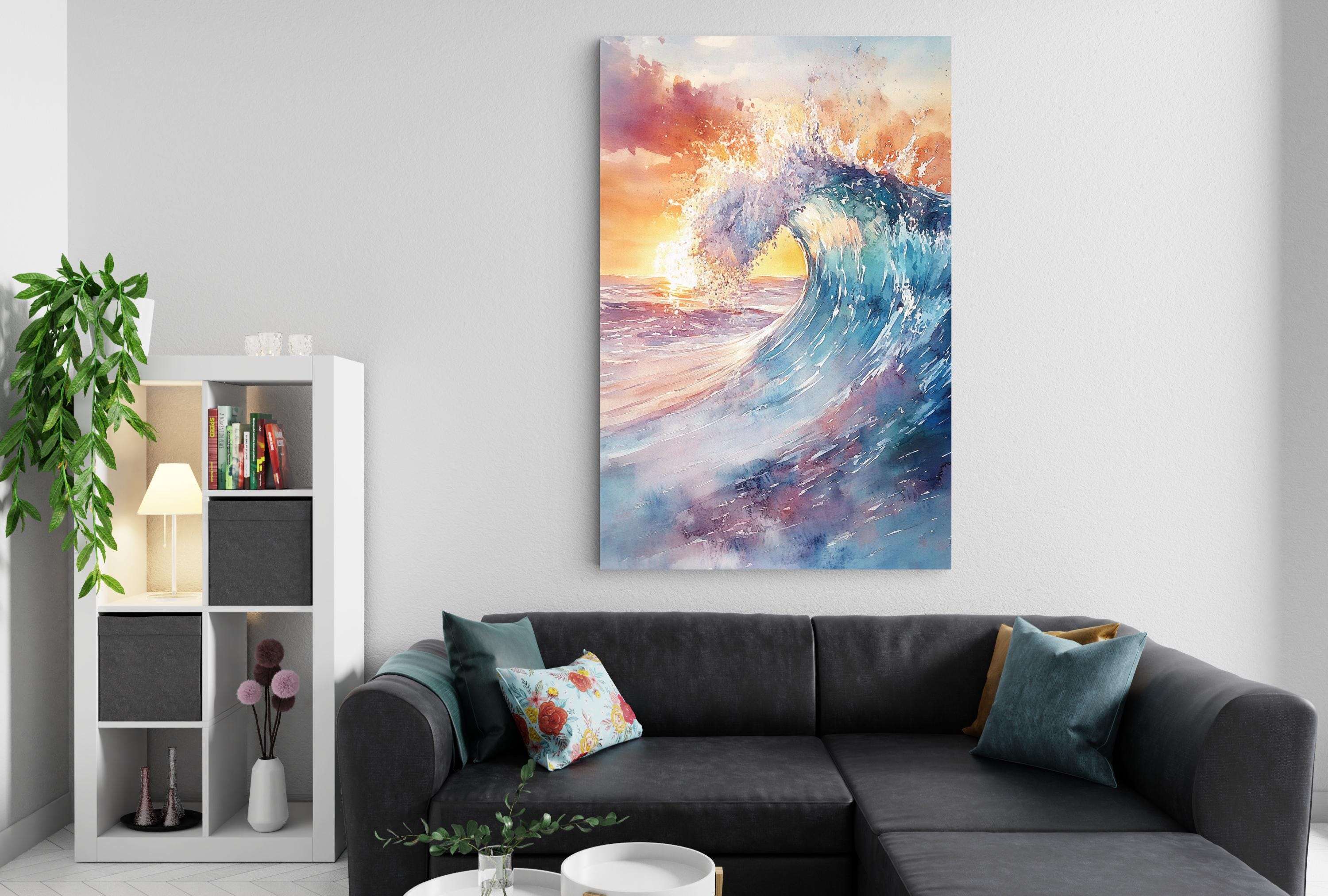 a living room with a large, colorful painting of a crashing wave hanging on the wall above a black sectional sofa. The room also features a bookshelf, a potted plant, and a coffee table with decorative items.