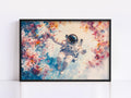 An astronaut floating in a colorful, floral-filled space, surrounded by vibrant flowers and plants.