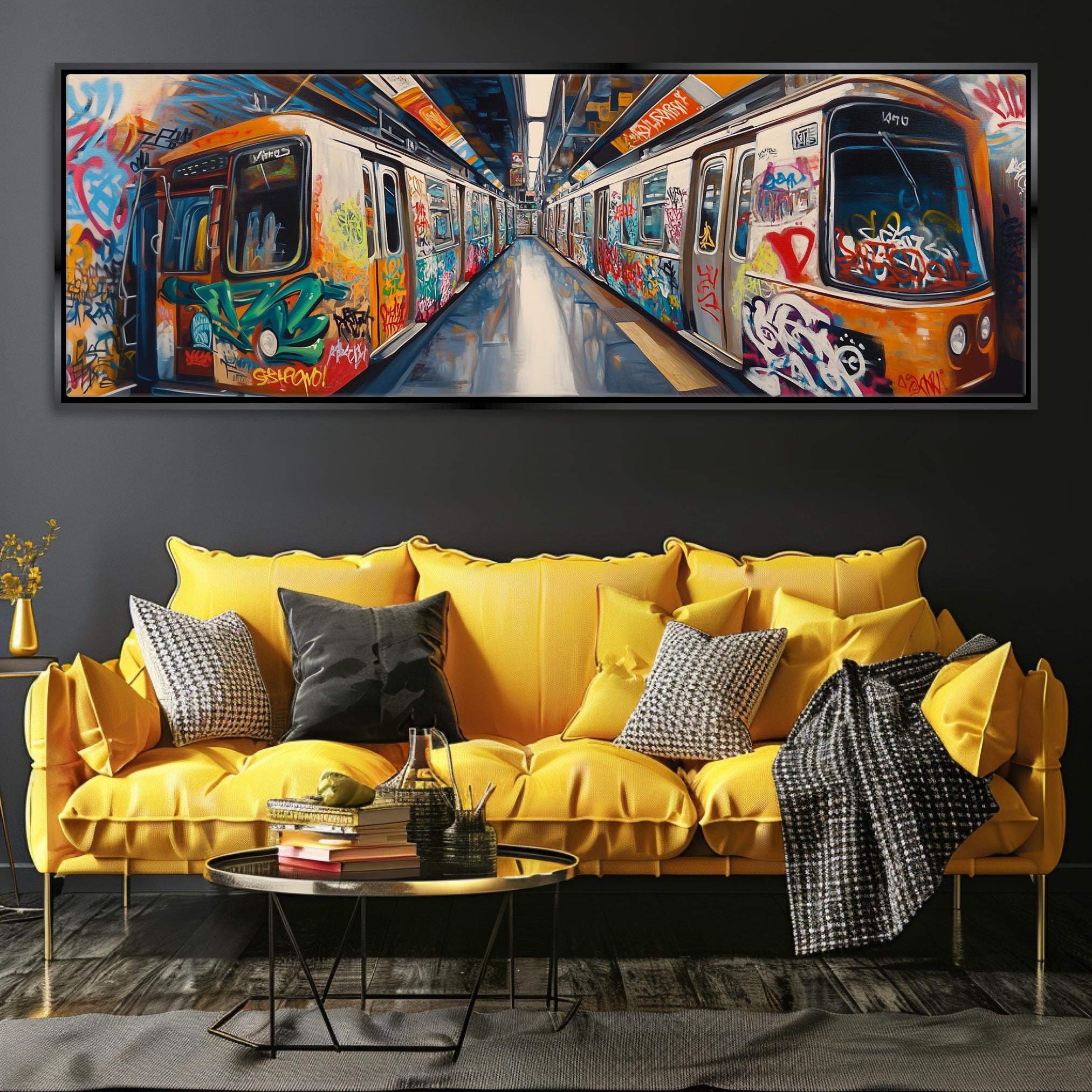 a living room with a yellow couch and a painting on the wall