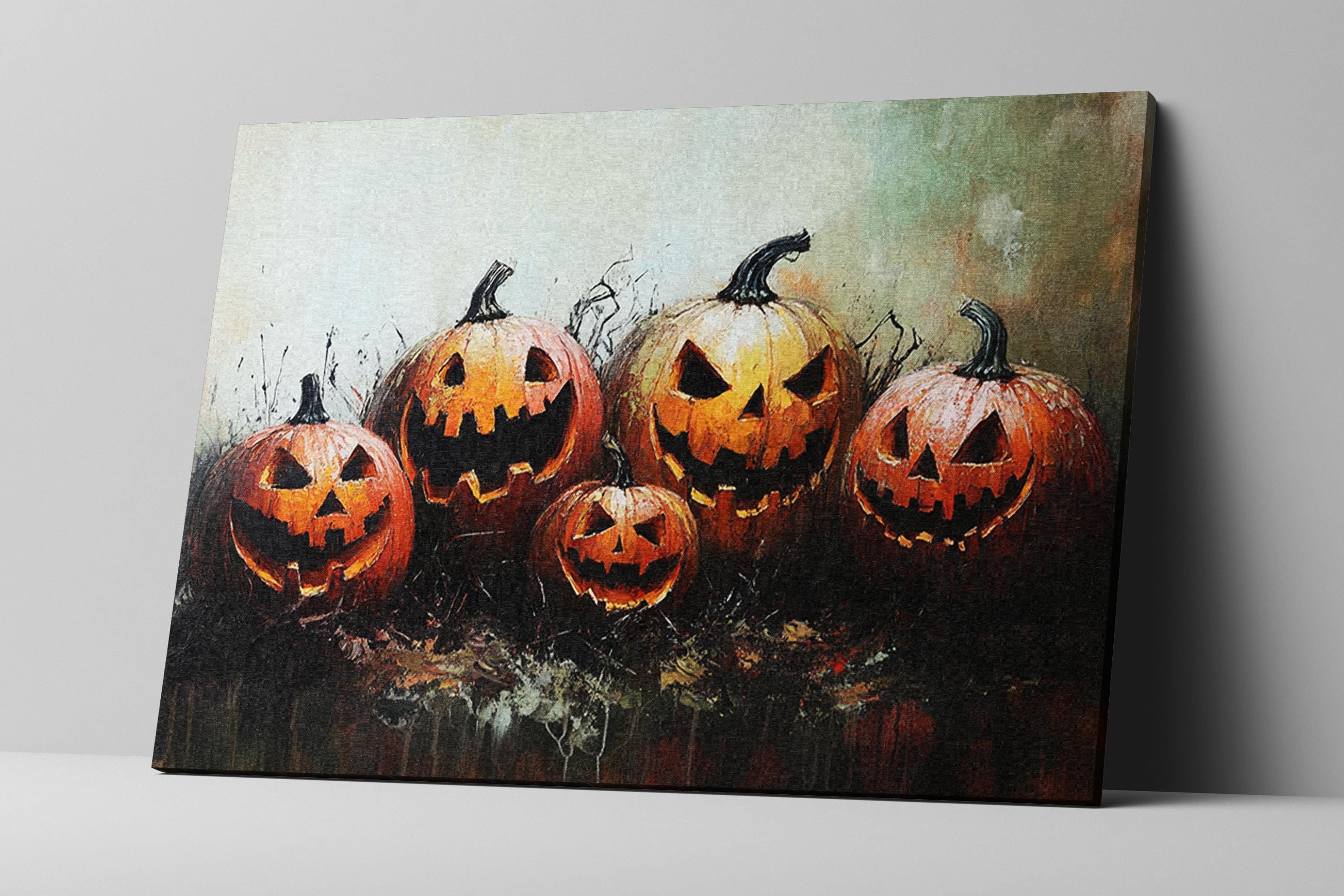 Halloween Wall Art – Extra Large Framed Canvas with Glowing Jack O Lanterns