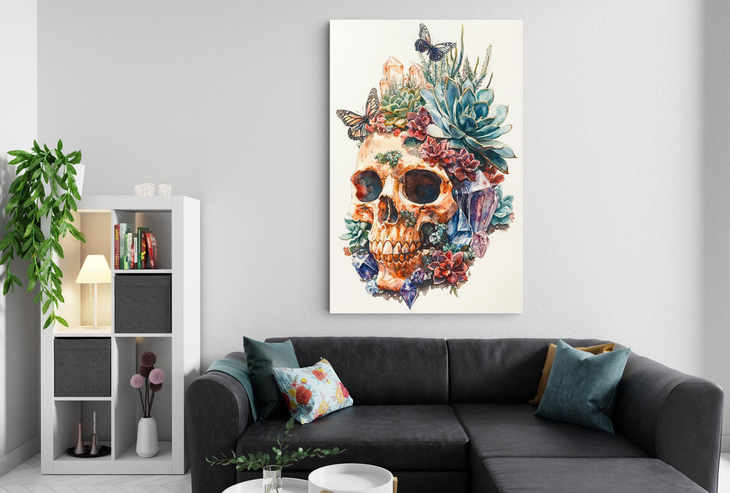 a large, colorful painting of a skull adorned with flowers and butterflies, hanging on a wall above a black couch in a living room setting.