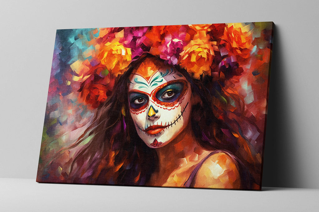 Day of the Dead Art - Mexican Woman Sugar Skull Canvas | Gallery Wrapped Large Floral Skull Decor