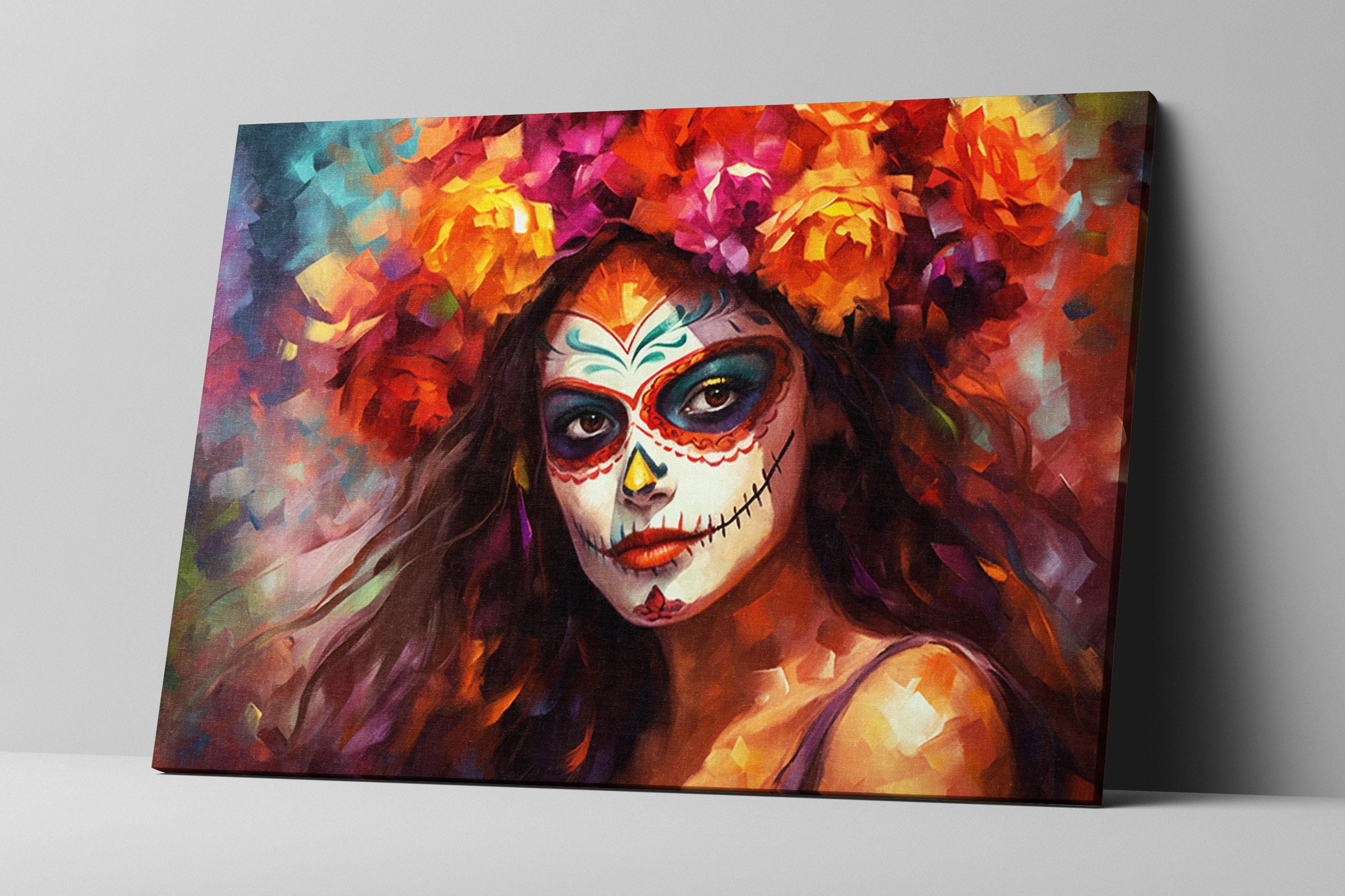 Day of the Dead Art - Mexican Woman Sugar Skull Canvas | Gallery Wrapped Large Floral Skull Decor