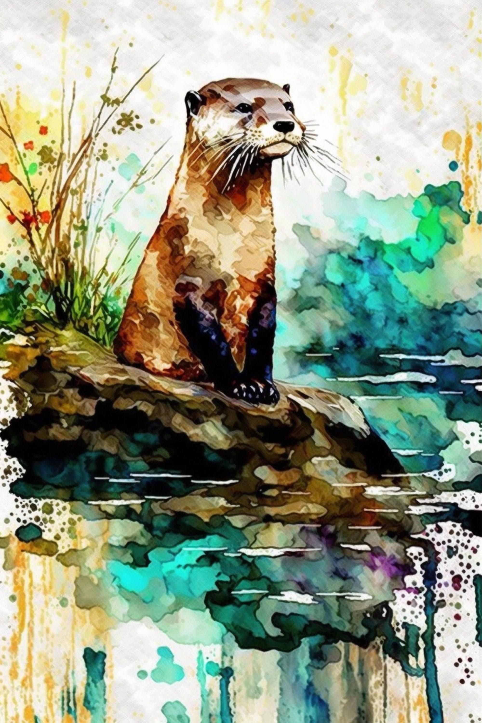 Riverbank Charm: Watercolor River Otter Wall Decor, Giclee Print on Canvas, Artist Paper, Watercolor Paper, Available in Extra Large Sizes