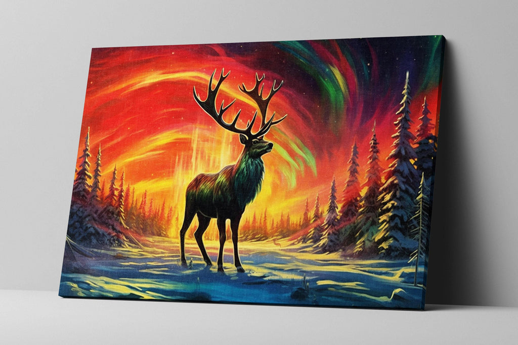 Winter Elk Canvas - Northern Lights Art | Extra Large Gallery Wrapped Print