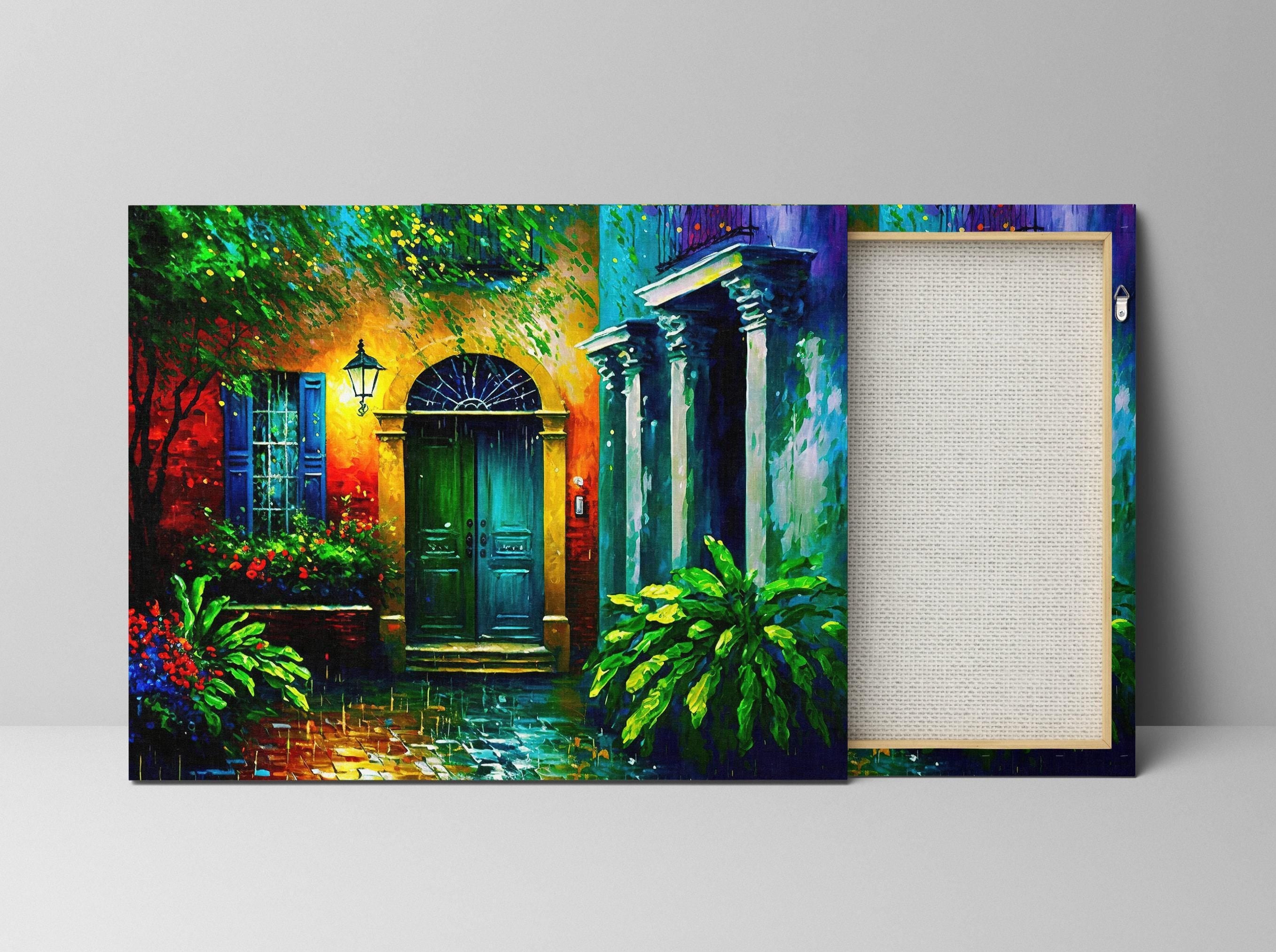 The image is a vibrant painting depicting a colorful and lively scene with a green door, a building with columns, and lush greenery surrounding the area.