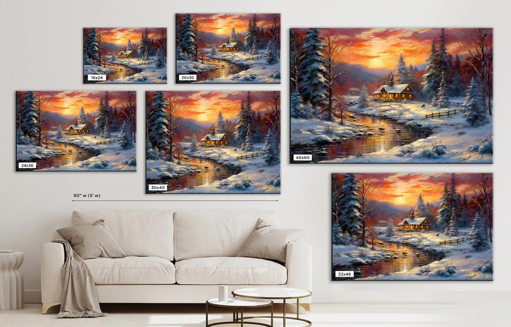 Winter Cabin Canvas | Vintage Oil Painting Rustic Winter Landscape Art - Gallery Wrapped