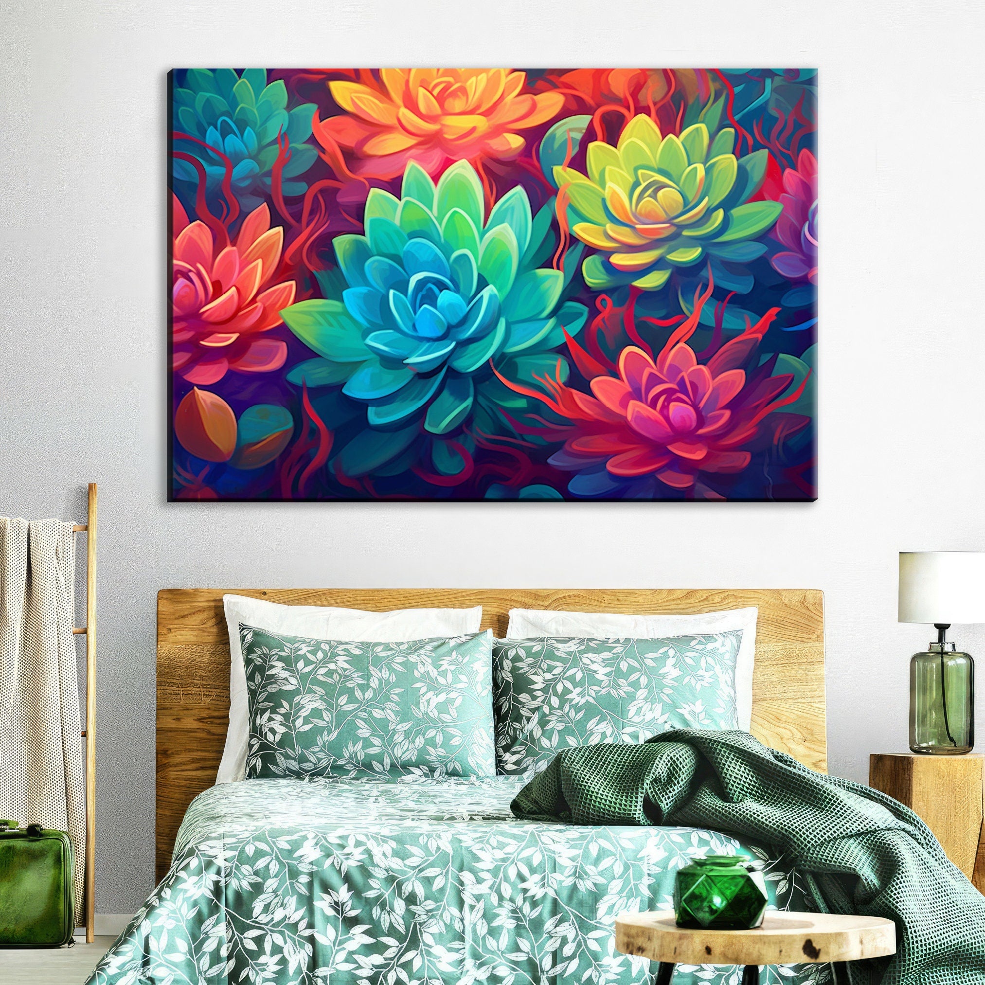 Succulent Garden Canvas – Vibrant Botanical Wall Art with Wooden Frame, Large Prints
