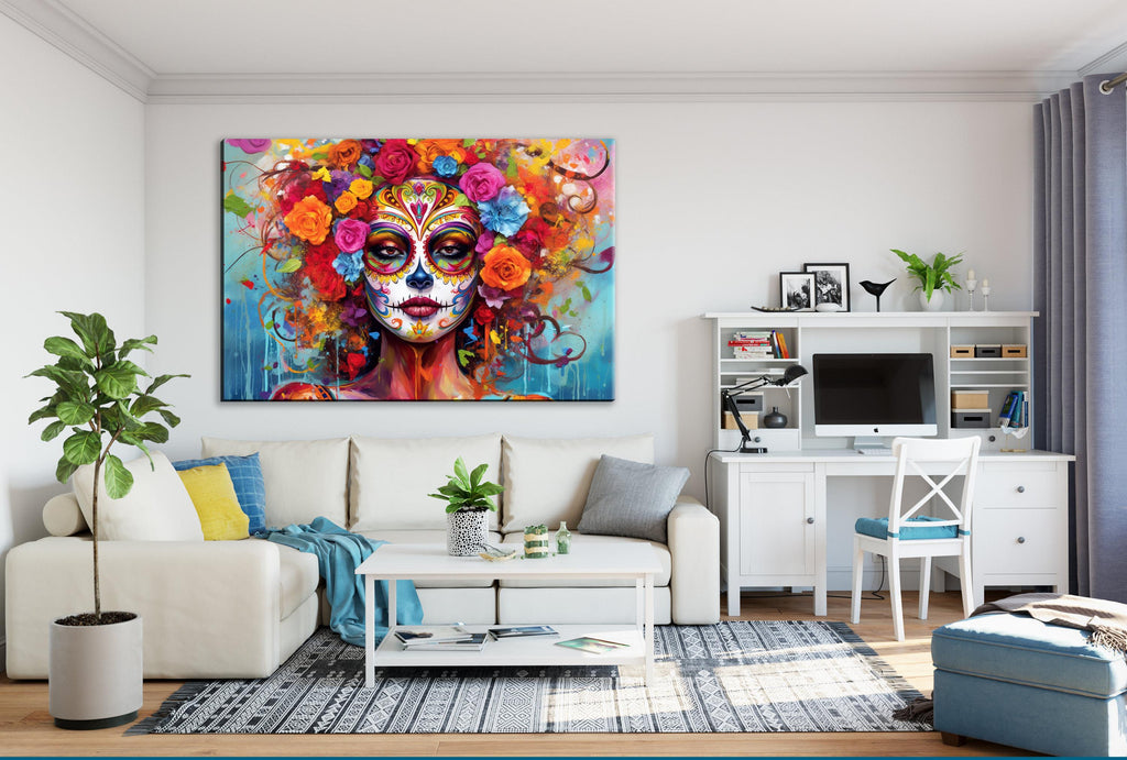 a living room with a large, colorful painting of a woman's face with a floral headdress hanging on the wall above a white sofa. The room also includes a desk with a computer setup, a coffee table, and various decorative elements such as potted plants and books.