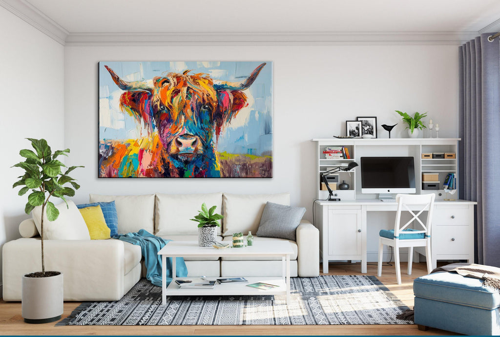Highland Cow Canvas - Rustic Farmhouse Wall Art | Extra Large Gallery Wrapped Print