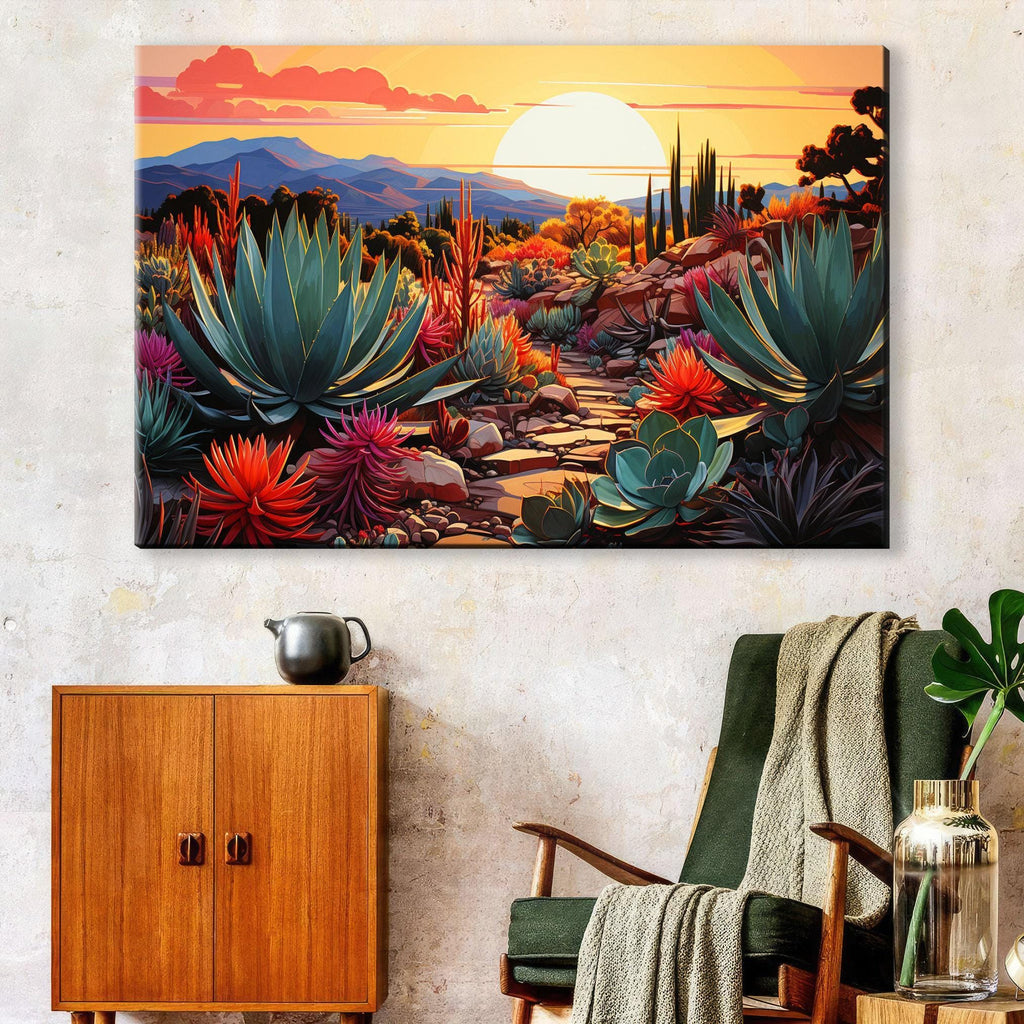 a vibrant desert landscape with a colorful sunset, featuring a variety of cacti and succulents in the foreground.
