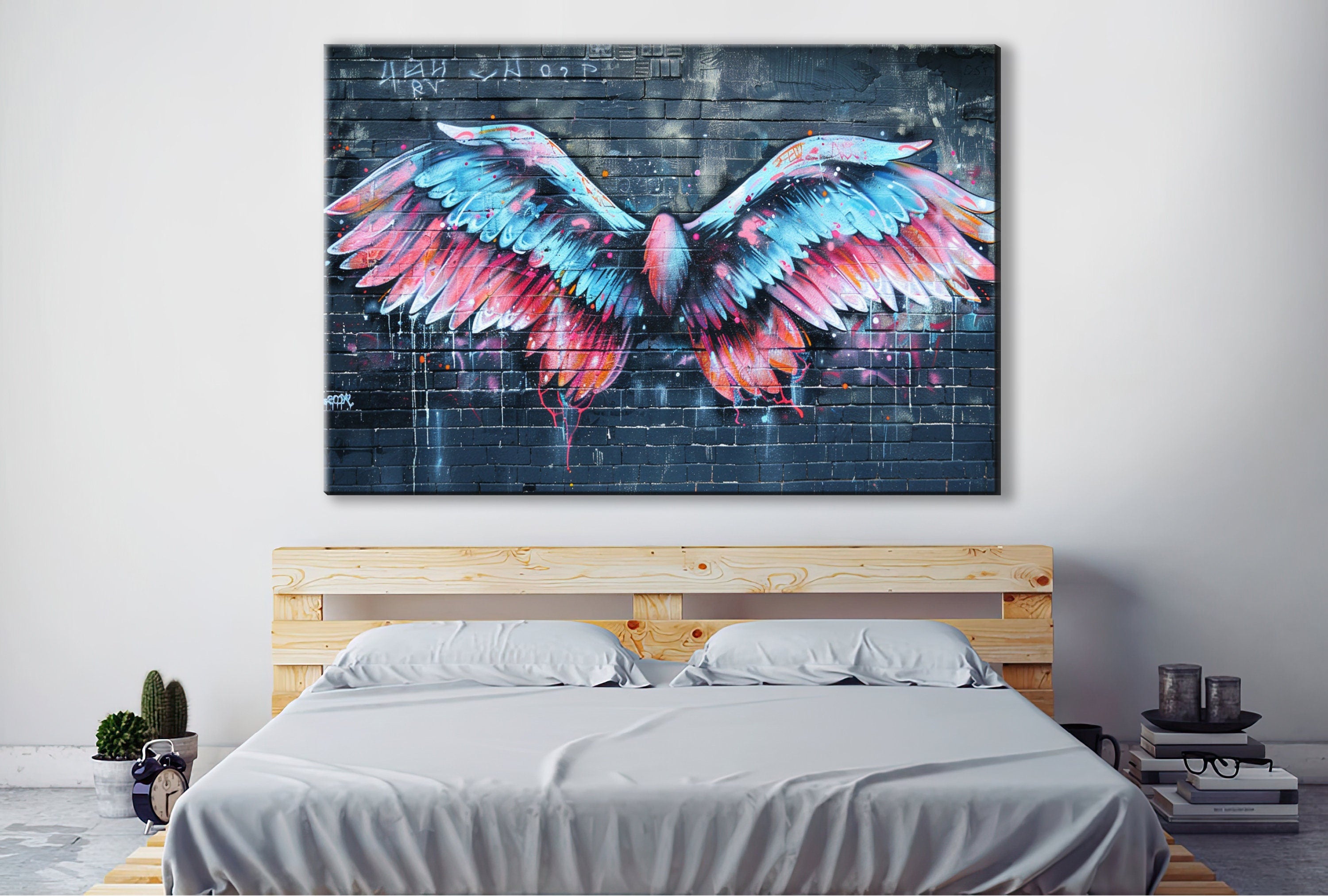 Graffiti Angel Wings Art – Vibrant Urban Street Canvas Wall Art, Ready to Hang