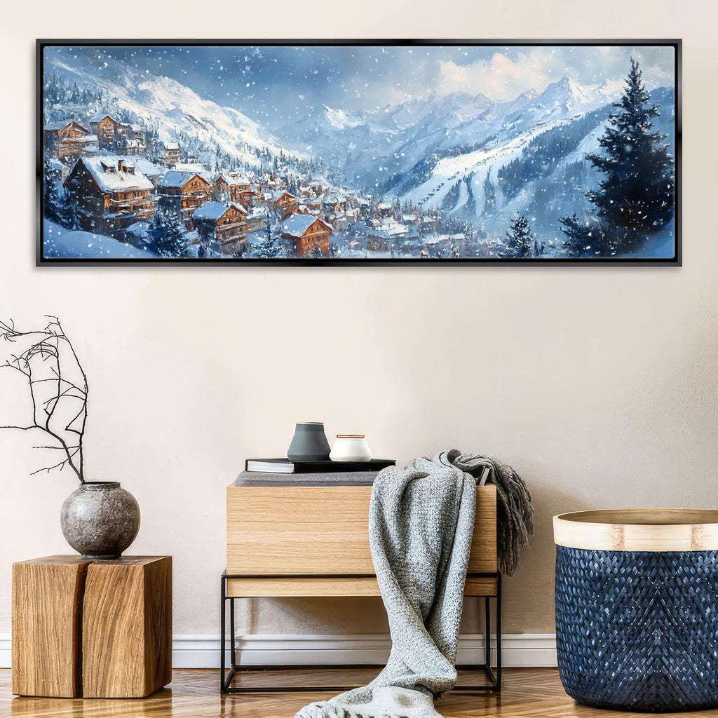 a painting of a snowy mountain town on a wall