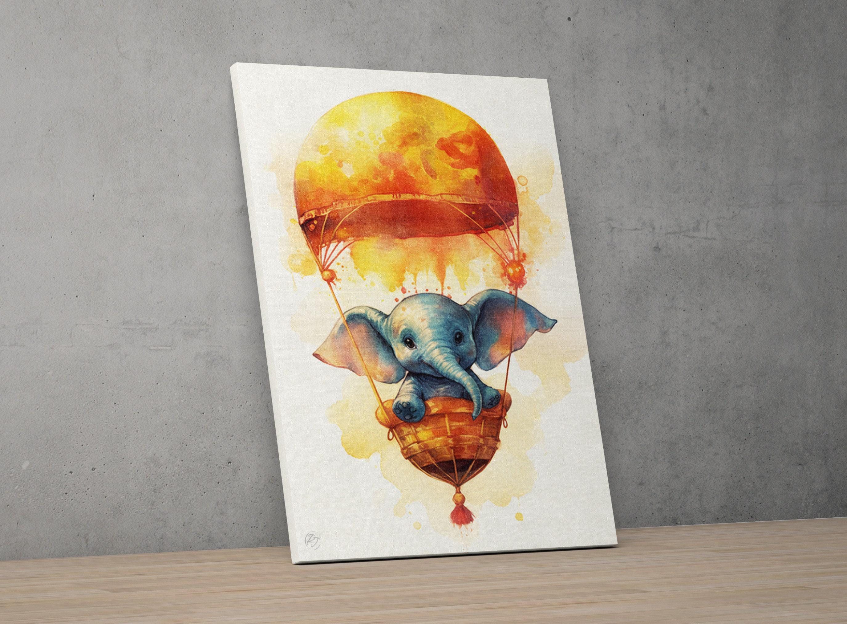 Baby Elephant Hot Air Balloon Watercolor Nursery Decor, Print on Canvas, Artist Paper, Watercolor Paper, Available in Extra Large Sizes