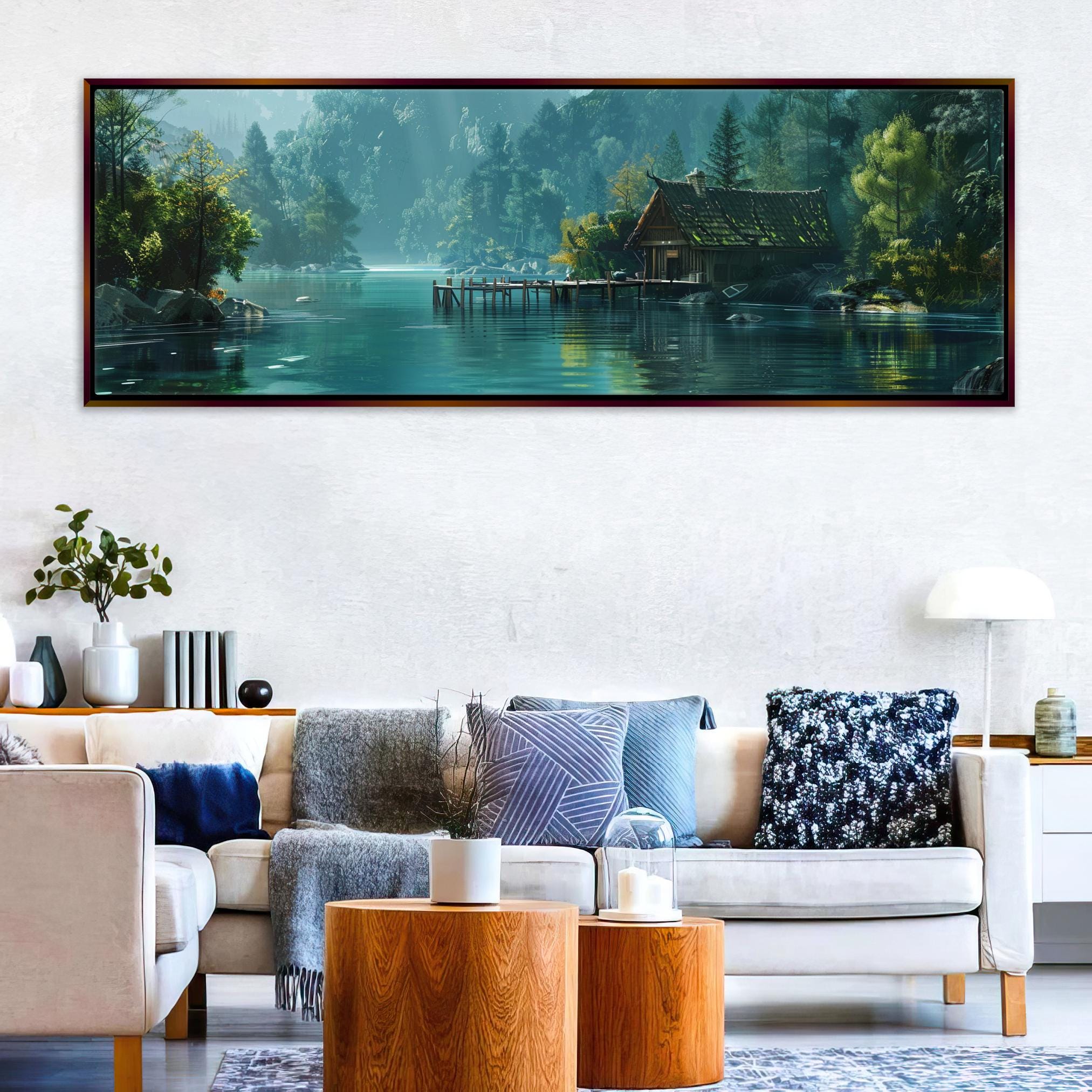 a living room with a painting on the wall