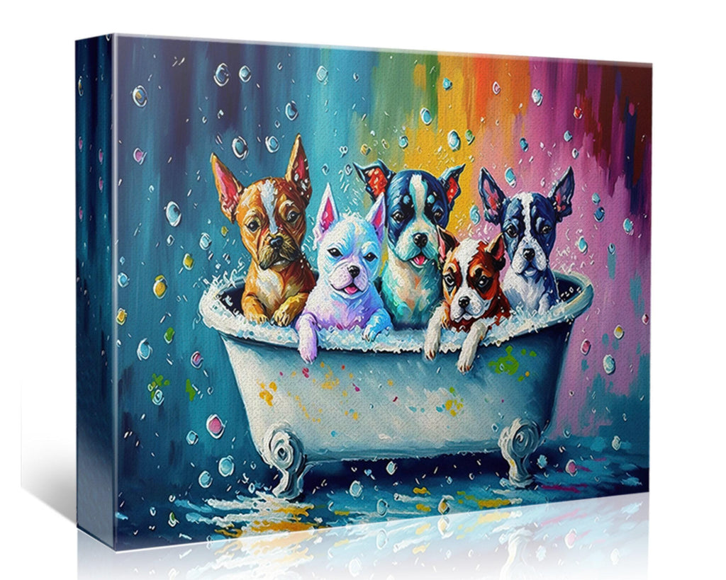 Dogs in Tub Art – Vibrant Puppy Canvas Print with Playful Bathroom Dog Scene