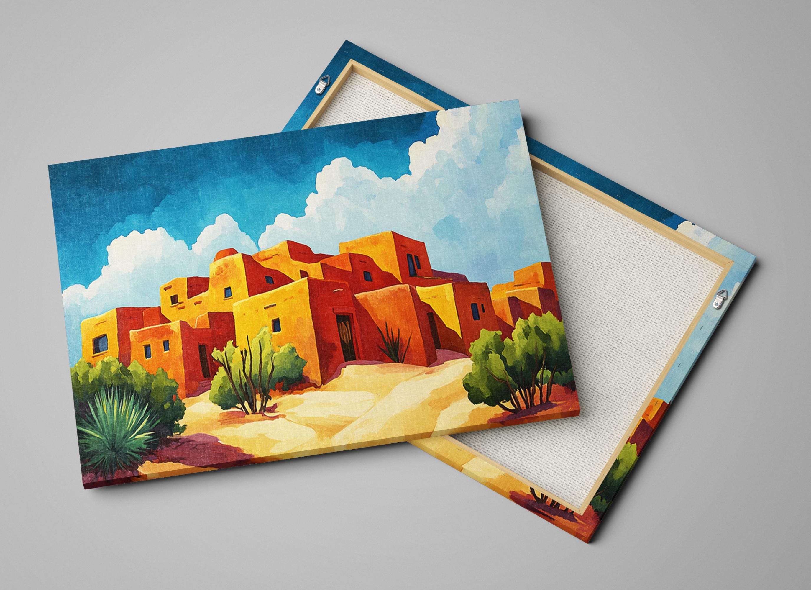 two paintings of adobe houses in the desert