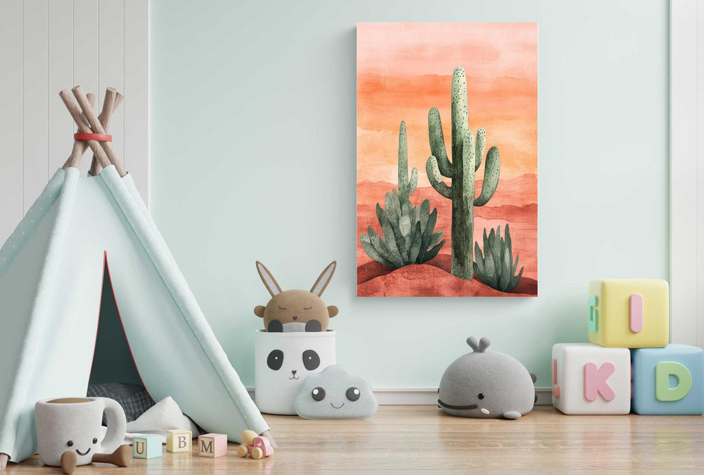 A colorful desert-themed wall art featuring a cactus scene is displayed in a child's bedroom, accompanied by a teepee, stuffed animals, and alphabet blocks.