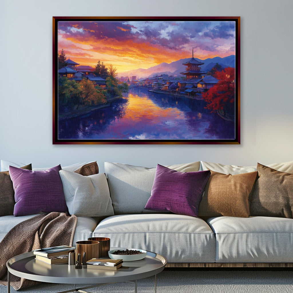 a living room with a couch and a painting on the wall