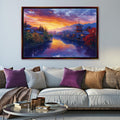 a living room with a couch and a painting on the wall