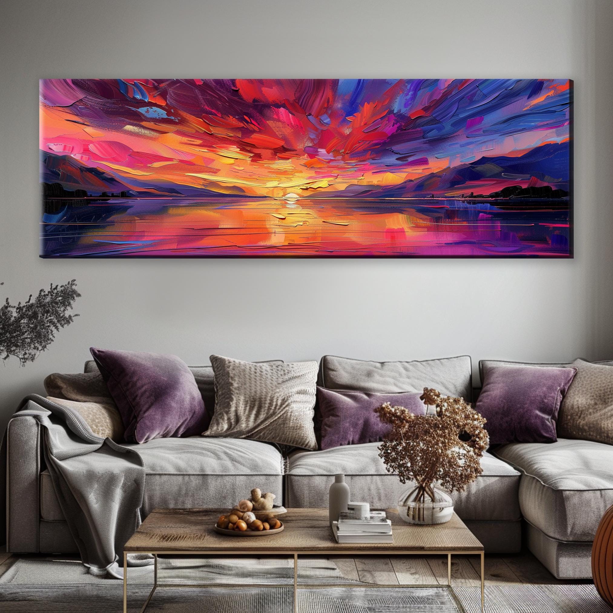 Panoramic Ocean Sunset Canvas - Oversized Framed Wall Art, Pink Purple Sunset
