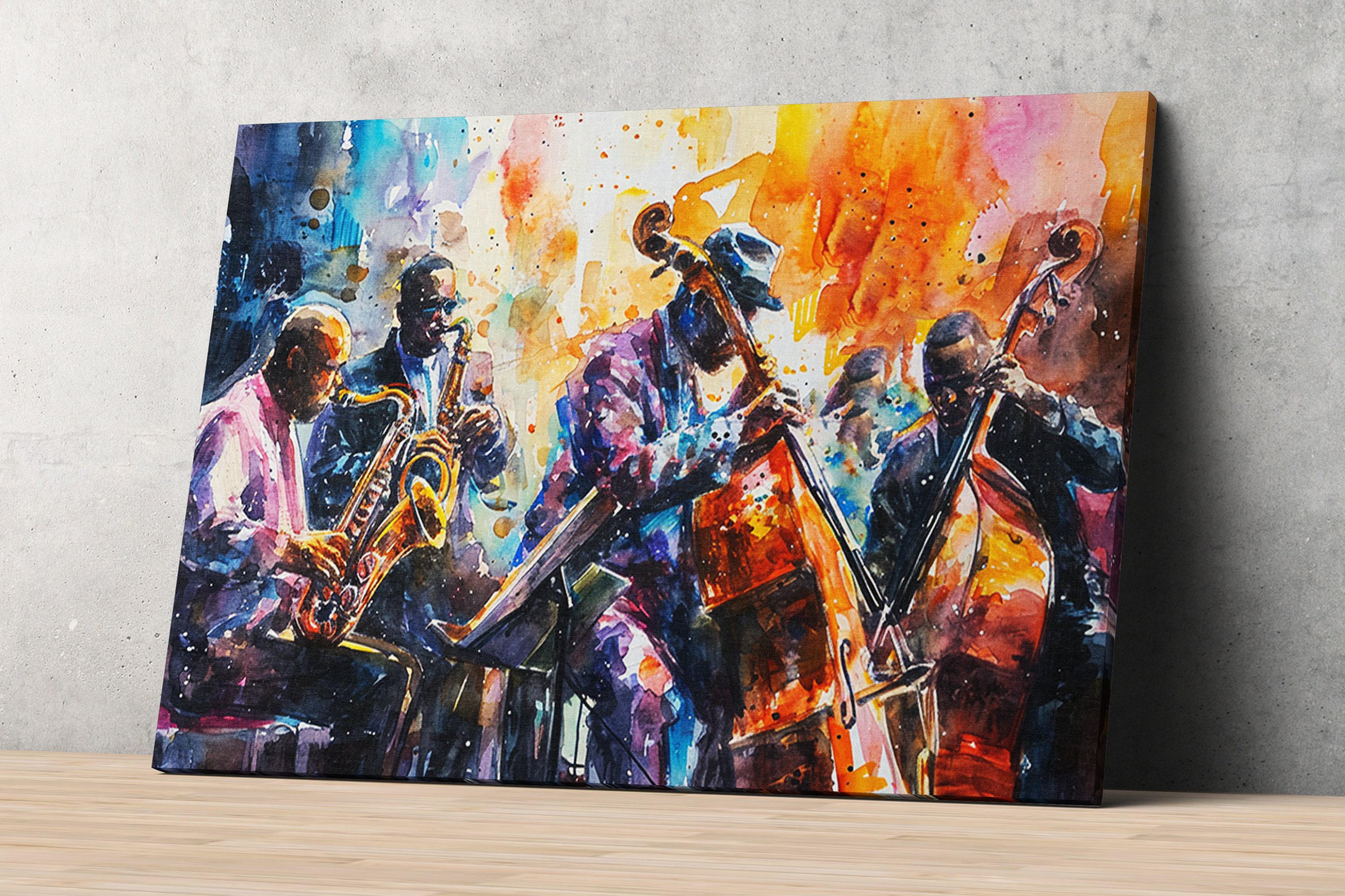 Energetic Jazz Ensemble Watercolor Wall Decor, Giclee Print on Canvas, Artist Paper, Watercolor Paper, Available in Extra Large Sizes