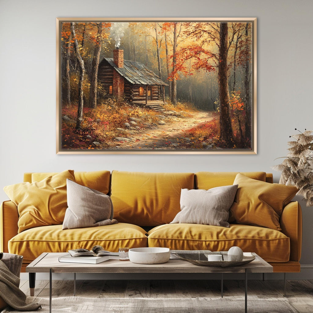 a cozy cabin nestled in a forest, with a path leading up to it. The cabin is surrounded by trees with vibrant autumn foliage, creating a picturesque and serene scene. The cabin is situated on a dirt path, adding to the rustic charm of the landscape. The painting is hung on a wall above a yellow sofa, which is positioned in front of a coffee table. The overall atmosphere of the image is warm and inviting, with the cabin and its surroundings providing a sense of tranquility and peace.