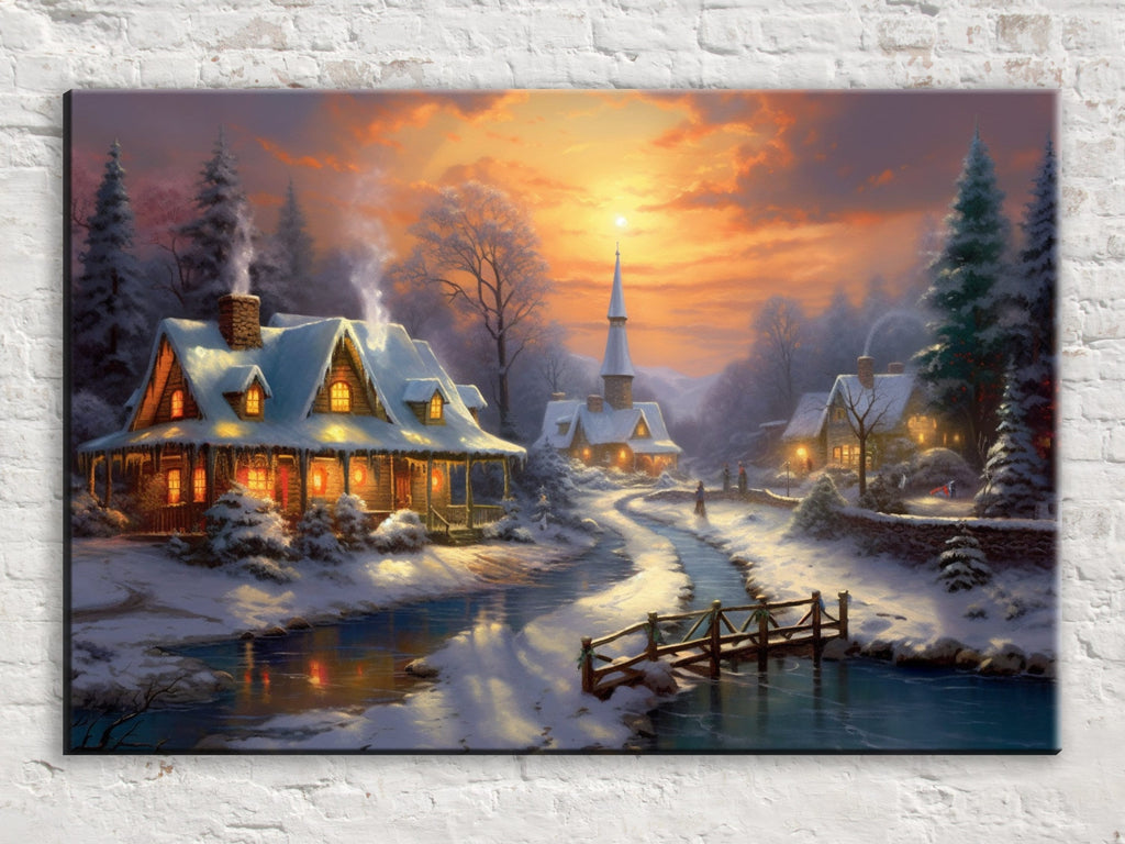 Christmas Canvas Art – Snowy Village Rustic Winter Landscape Print on Gallery Wrapped Canvas