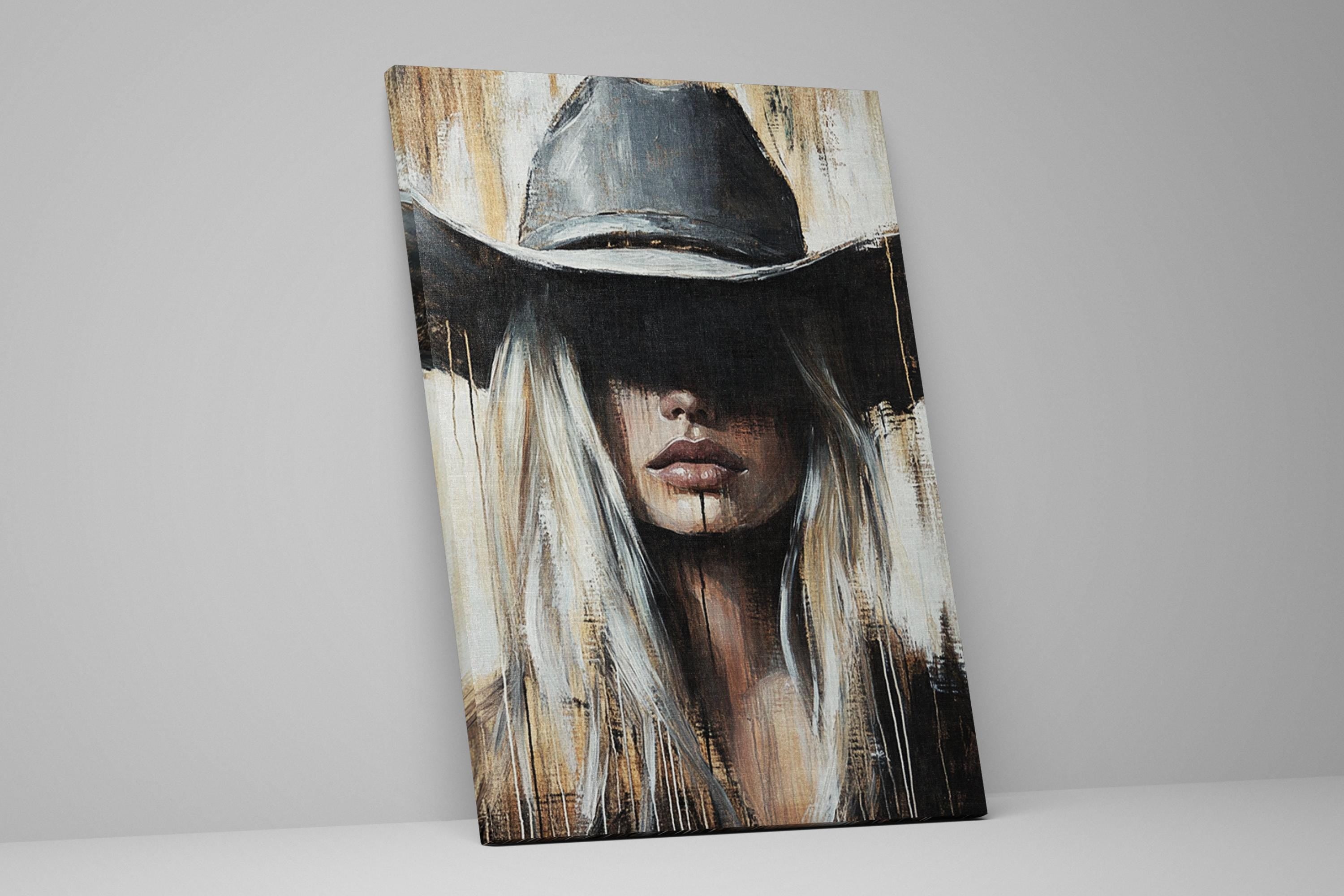 a painting of a woman wearing a cowboy hat