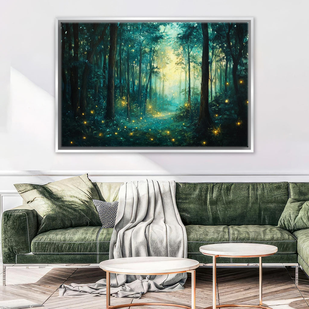 a living room with a green couch and a painting on the wall