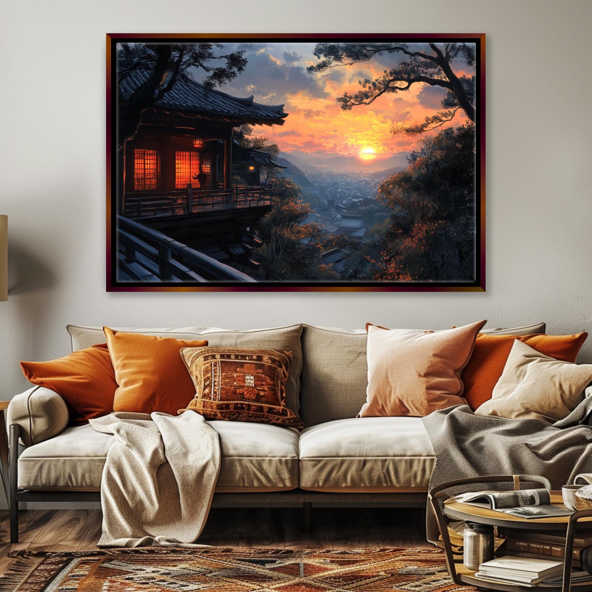 a living room with a couch and a painting on the wall