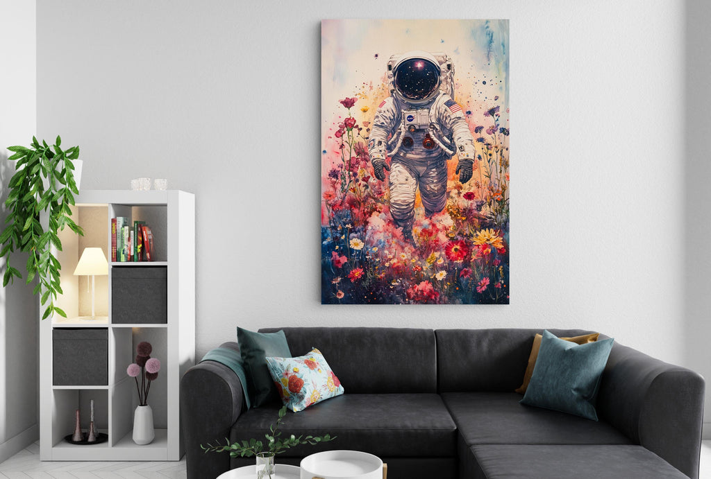 a living room with a black sectional sofa, a bookshelf, and a large painting of an astronaut in a flowery field.