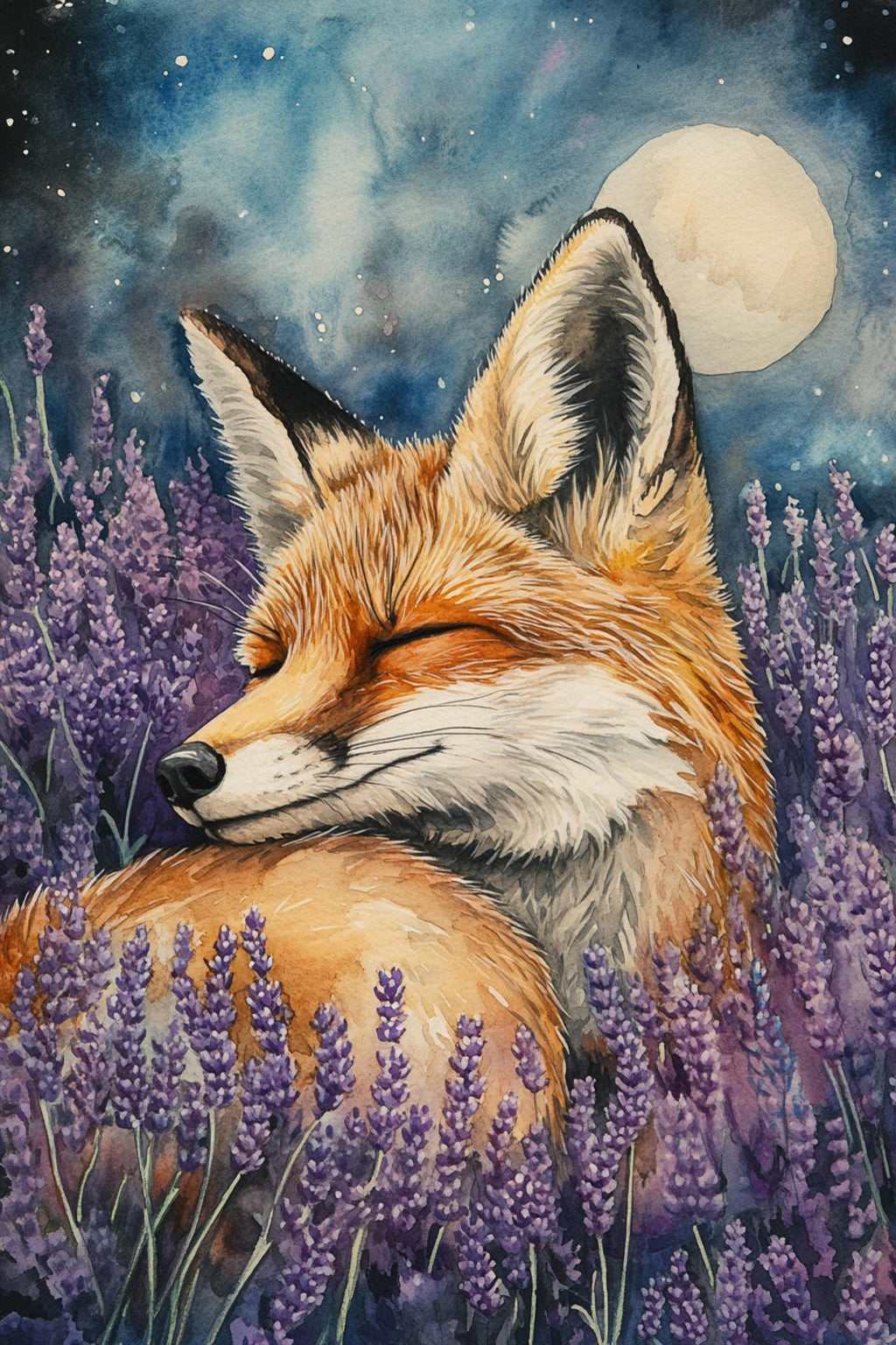A painting of a sleeping fox surrounded by lavender flowers and a full moon in the night sky.