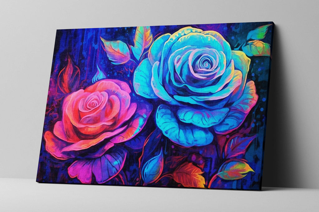 Neon Oil Painting - Large Canvas Wall Art | Colorful Roses Art, Blacklight Style