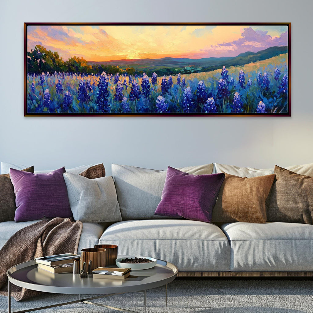 a living room with a couch and a painting on the wall