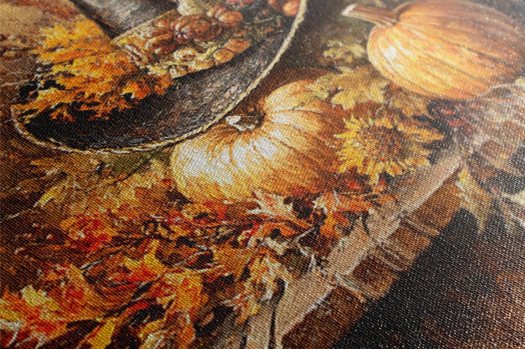 The image is a close-up of a textured fabric with a painting of autumn leaves, pumpkins, and sunflowers.