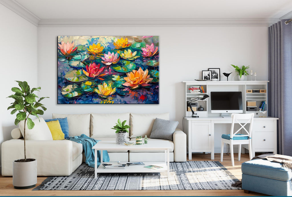 Water Lilies Canvas | Large Canvas Art - Oversized Botanical Wall Art in Impasto Painting Style