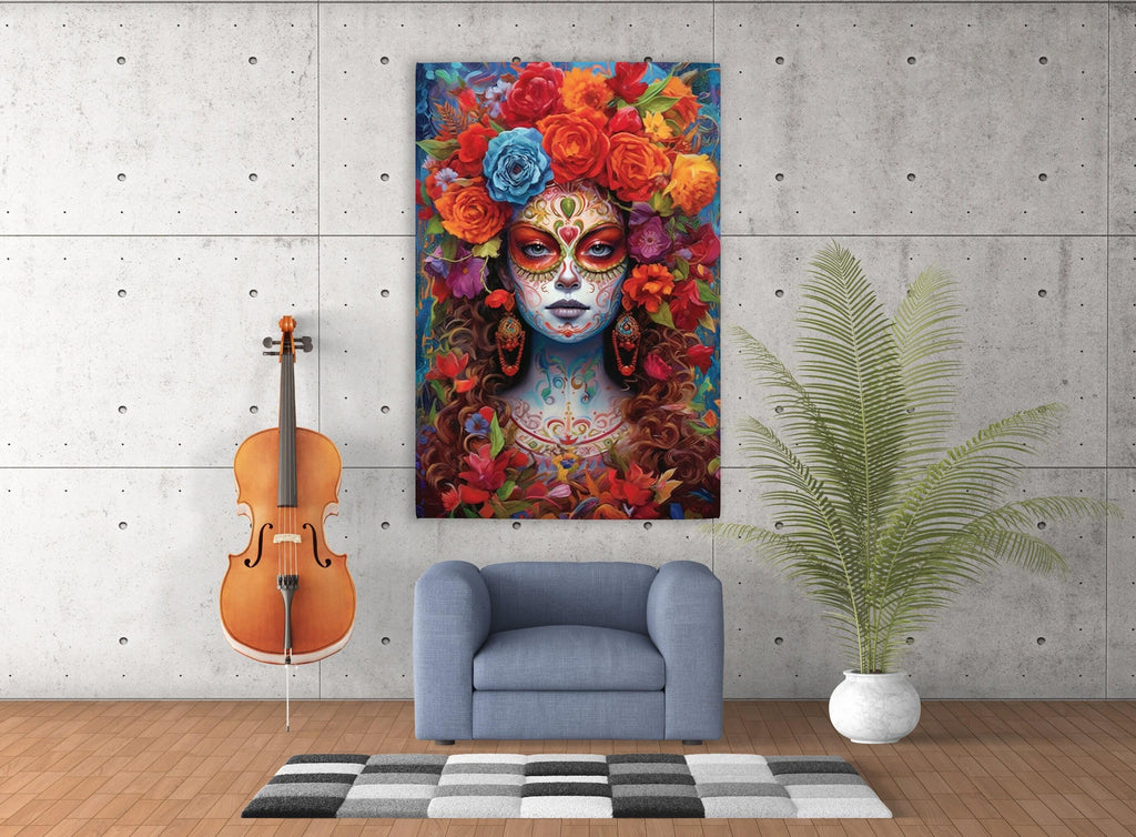 Sugar Skull Wall Art – Floral Skull Canvas Featuring Vibrant Mexican Remembrance Painting