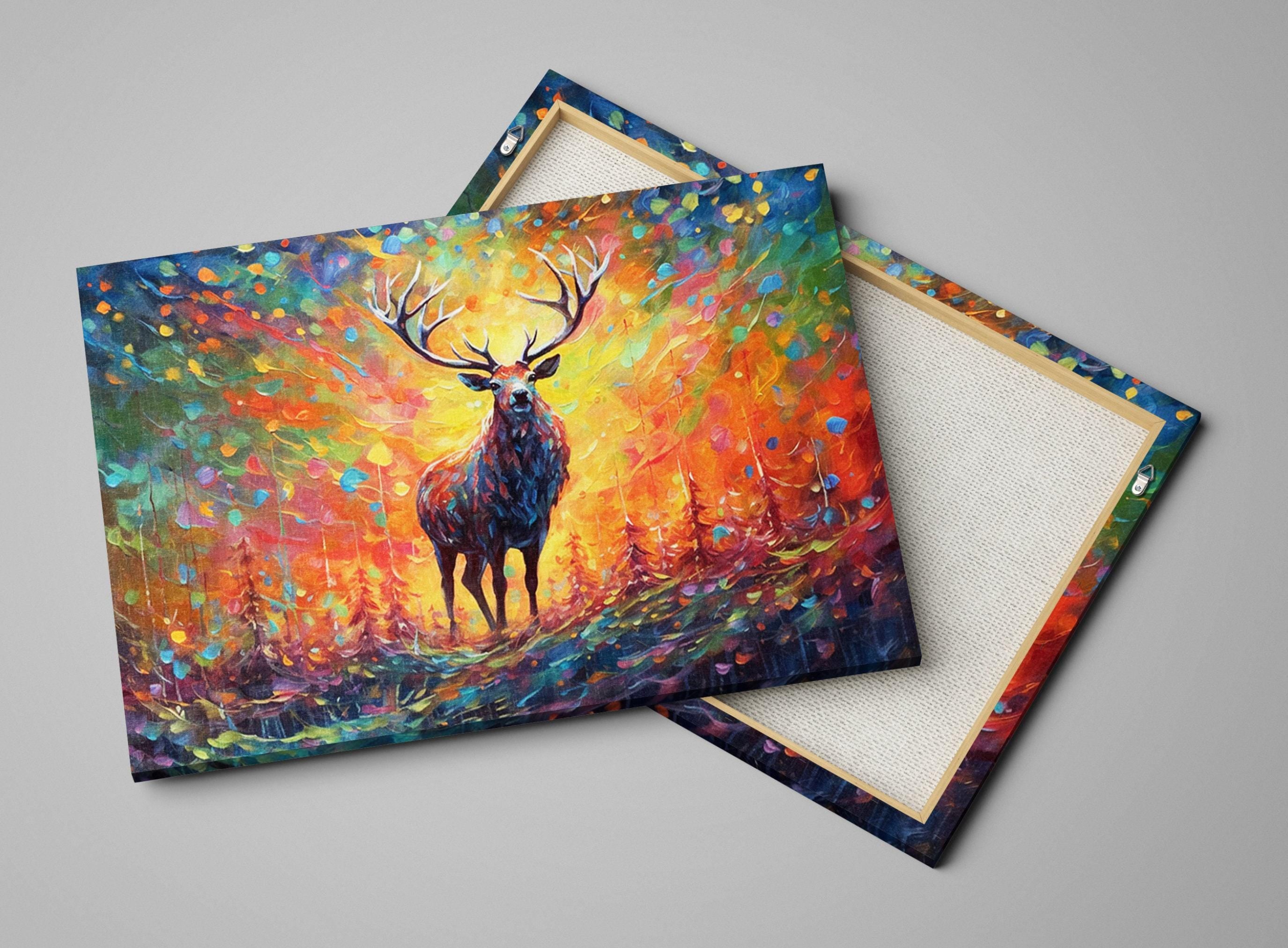 Colorful Reindeer Painting - Large Christmas Canvas Art | Rustic Holiday Wall Decor