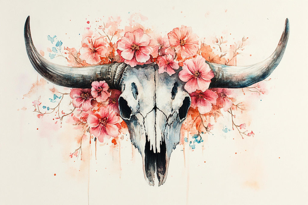 A watercolor painting of a skull adorned with pink flowers and branches.