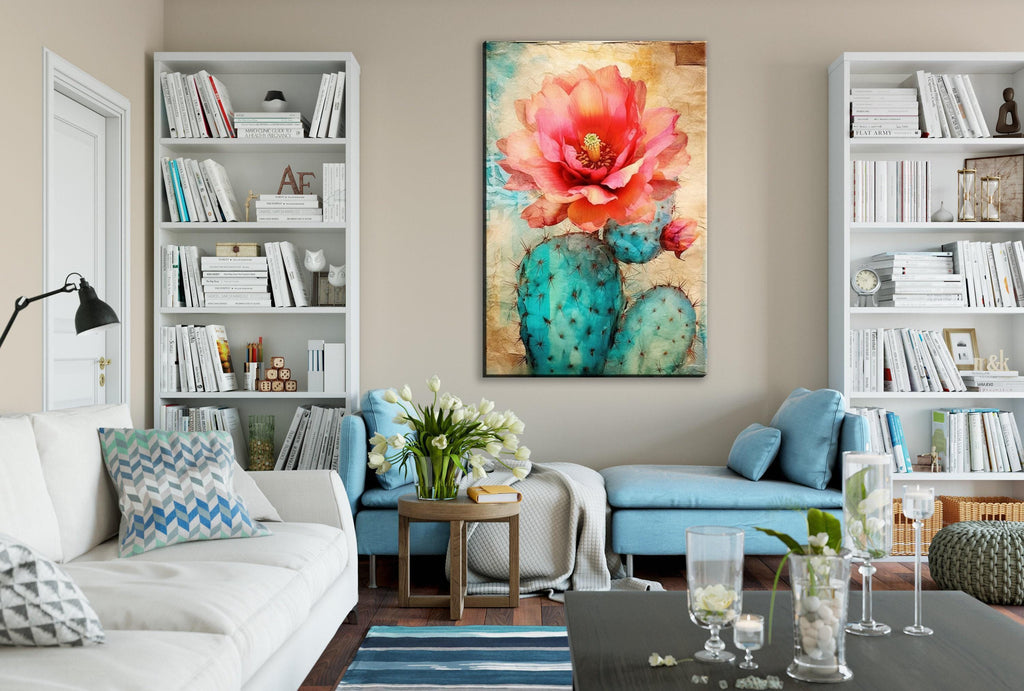 a cozy living room with a large bookshelf filled with books, a comfortable couch, a coffee table with decorative items, and a large painting of a cactus with a pink flower hanging on the wall.