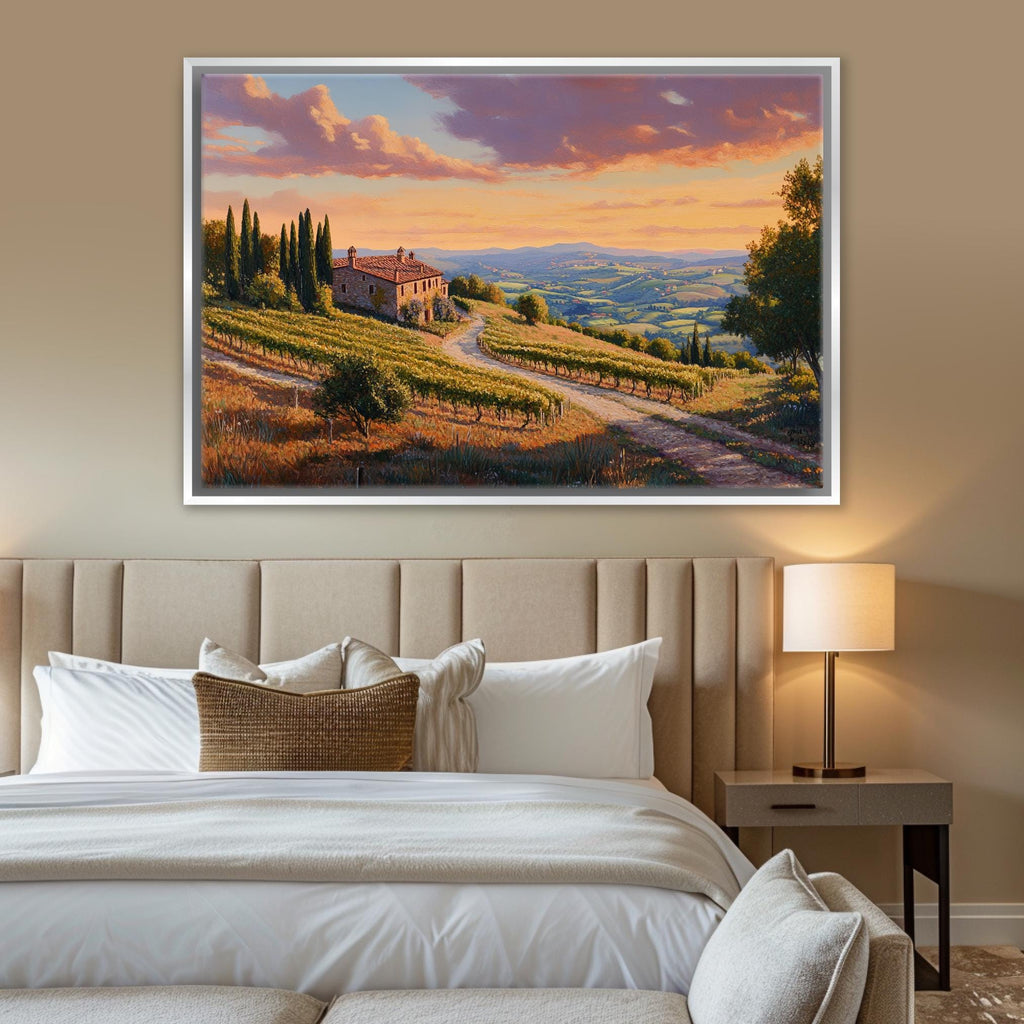 a bedroom with a large bed and a painting on the wall