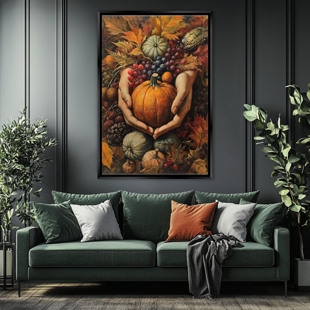 a large painting of a pumpkin and various autumn fruits hanging on a wall above a green couch with pillows.