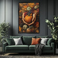a large painting of a pumpkin and various autumn fruits hanging on a wall above a green couch with pillows.