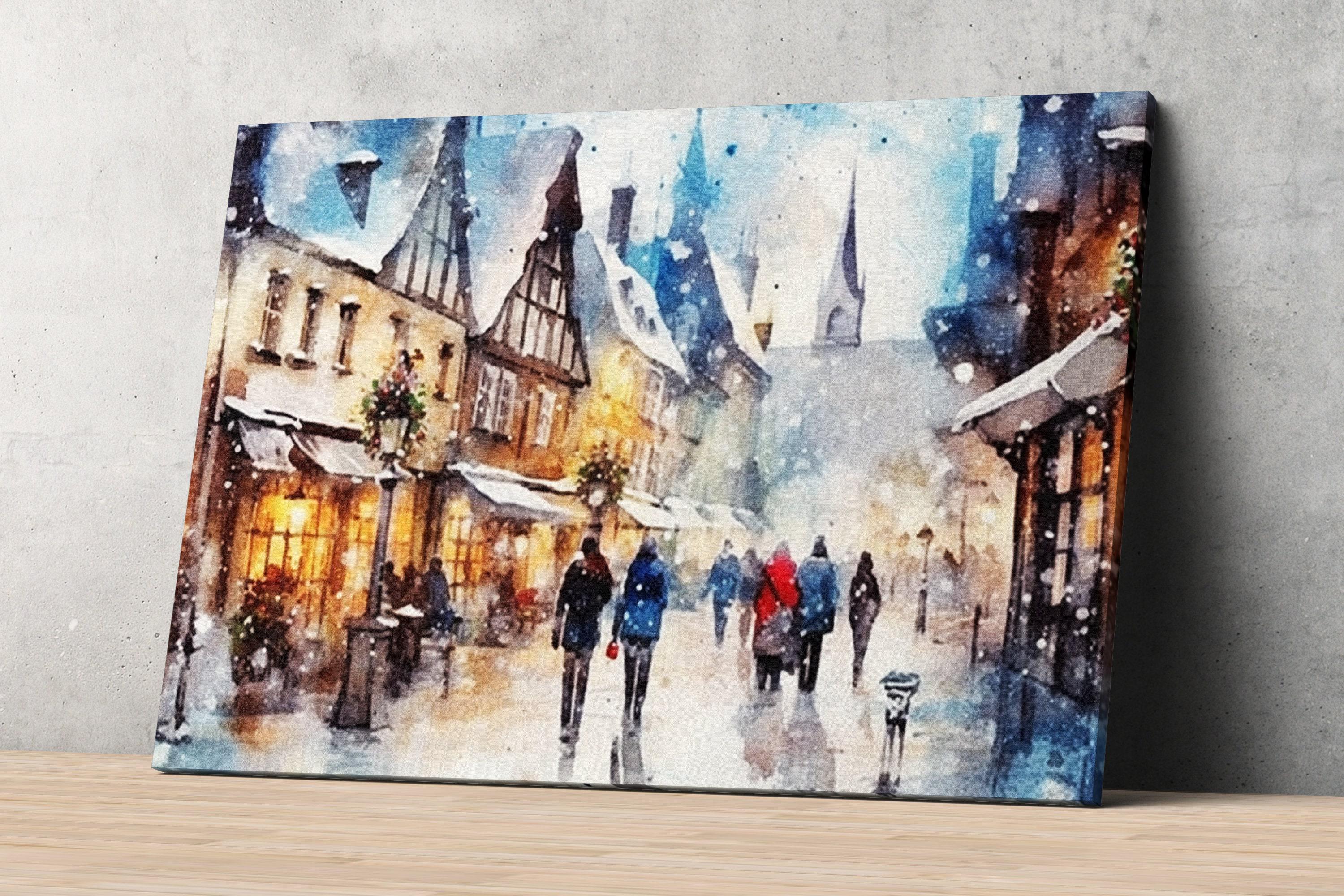 Watercolor Christmas Village - Festive Winter Decor, Giclee Print on Canvas, Artist Paper, Watercolor Paper, Available in Extra Large Sizes
