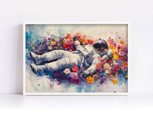 An astronaut floating in a colorful, flower-filled space, surrounded by a vibrant array of flowers.