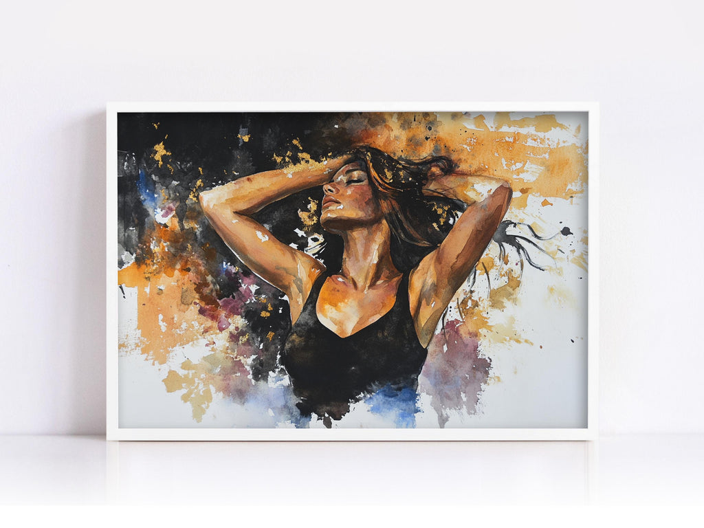 The image is a framed painting depicting a woman with her arms raised, surrounded by splashes of color and abstract shapes.