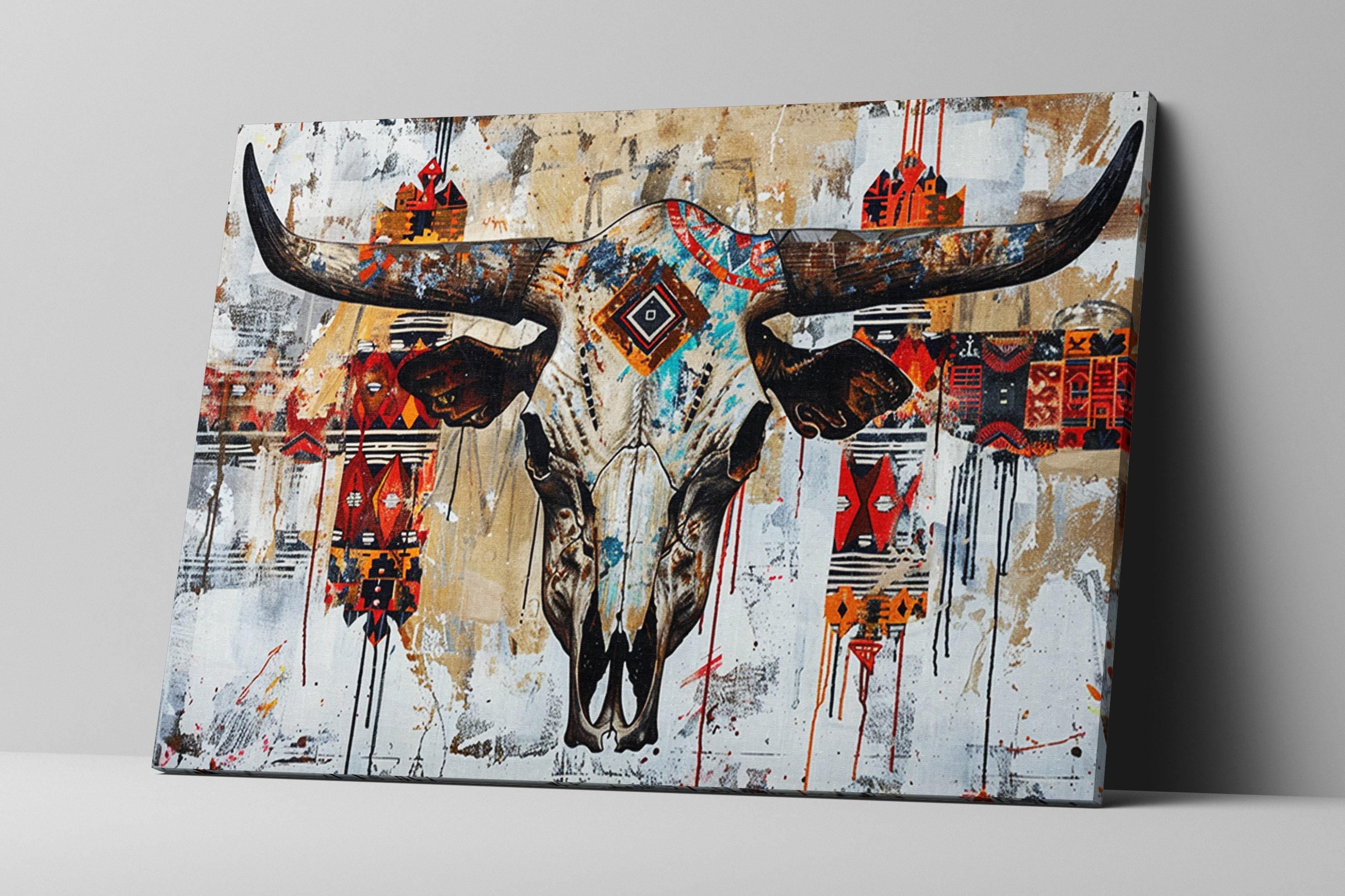 Native Cow Skull Art – Large Canvas Wall Art | Abstract Tribal Pattern Print